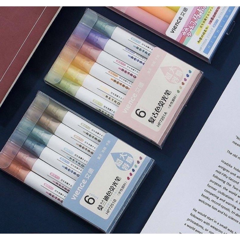 |05 mẫu mới| Bộ 06 bút dạ quang Vience highlight siêu hot 2 tông Retro morandi xinh xắn bút đánh dấu ghi nhớ