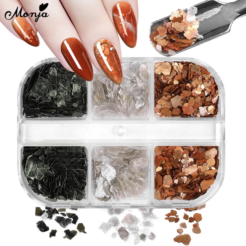 MONJA Hộp 6 ngăn đựng hạt phụ kiện 3D lấp lánh trang trí móng tay