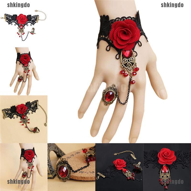 Vòng tay ren hoa hồng đỏ phong cách gothic có thể điều chỉnh kích cỡ
