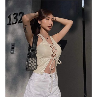 Áo ba lỗ da màu be khoét ngực phối dây đan quyến rũ - NH88