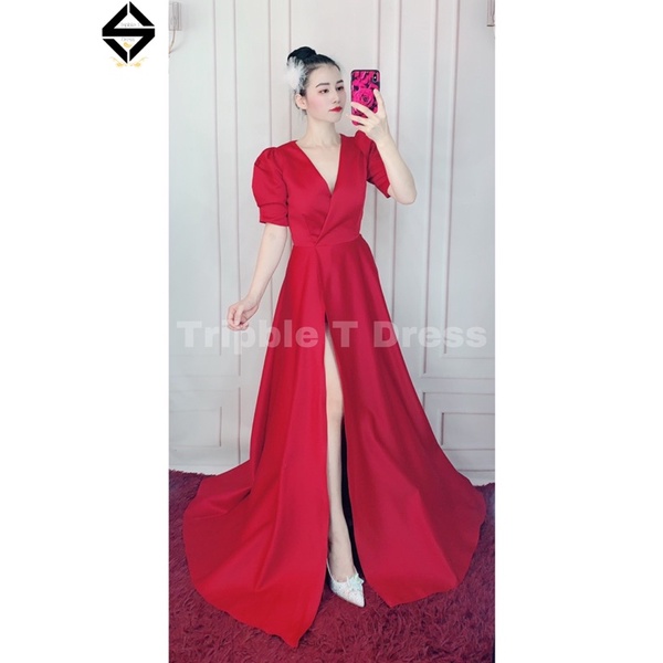 Đầm maxi cổ V đắp chéo tay phồng xẻ đùi có quần trong TRIPBLE T DRESS - MS183Y