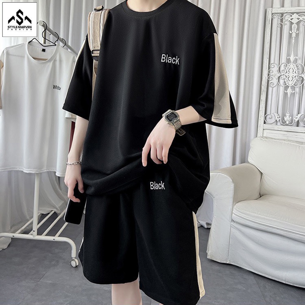 Bộ đồ thu thể thao nam STYLE MARVEN áo phông cộc tay và quần shorts đùi phối sọc - SET NAM 213C