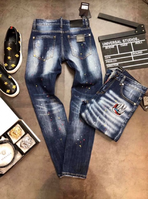 Quần bò nam xanh dsq thêu cánh én khoá lệch ống côn hàng SPF. | BigBuy360 - bigbuy360.vn