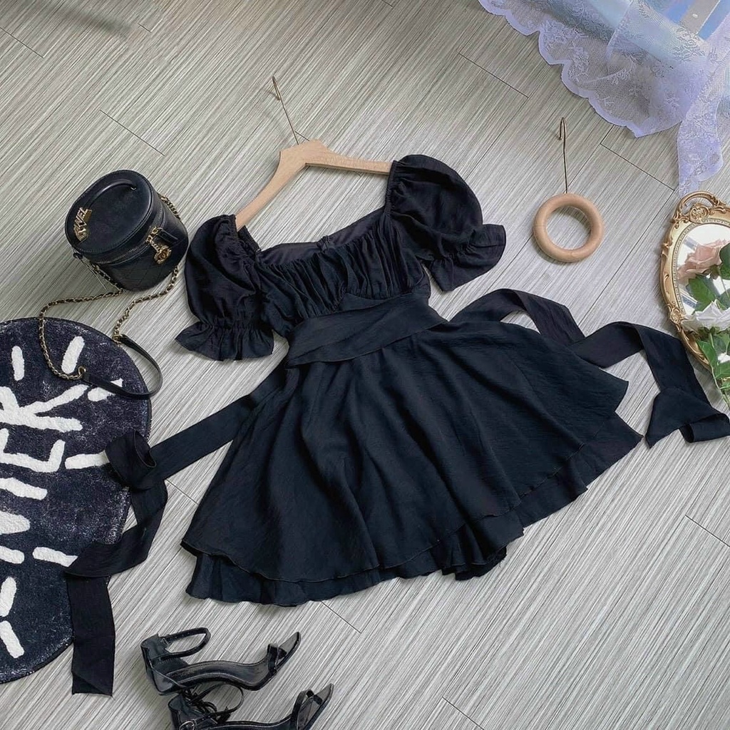 [FREESHIP] Jump ngắn xếp ly ngực cột nơ eo bèo tầng màu đen/hồng NÀNG CLOSET