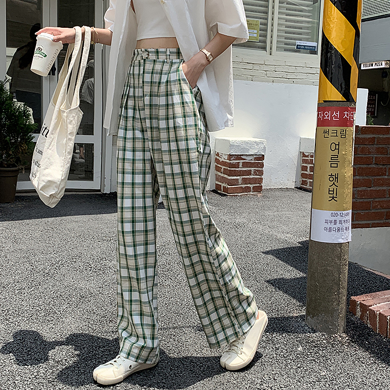 43497 New style plaid high-waist straight-leg casual pants trousers