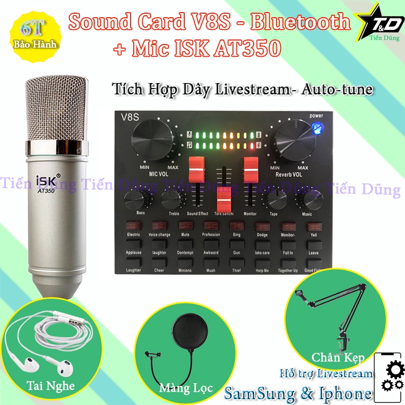 Bộ Mic Thu Âm AT350 và Sound Card V8S Kèm Chân Kẹp Màng Tai Nghe - Sound Card V8S Có Auto-tune, Tích Hợp Pin, Bluetooth