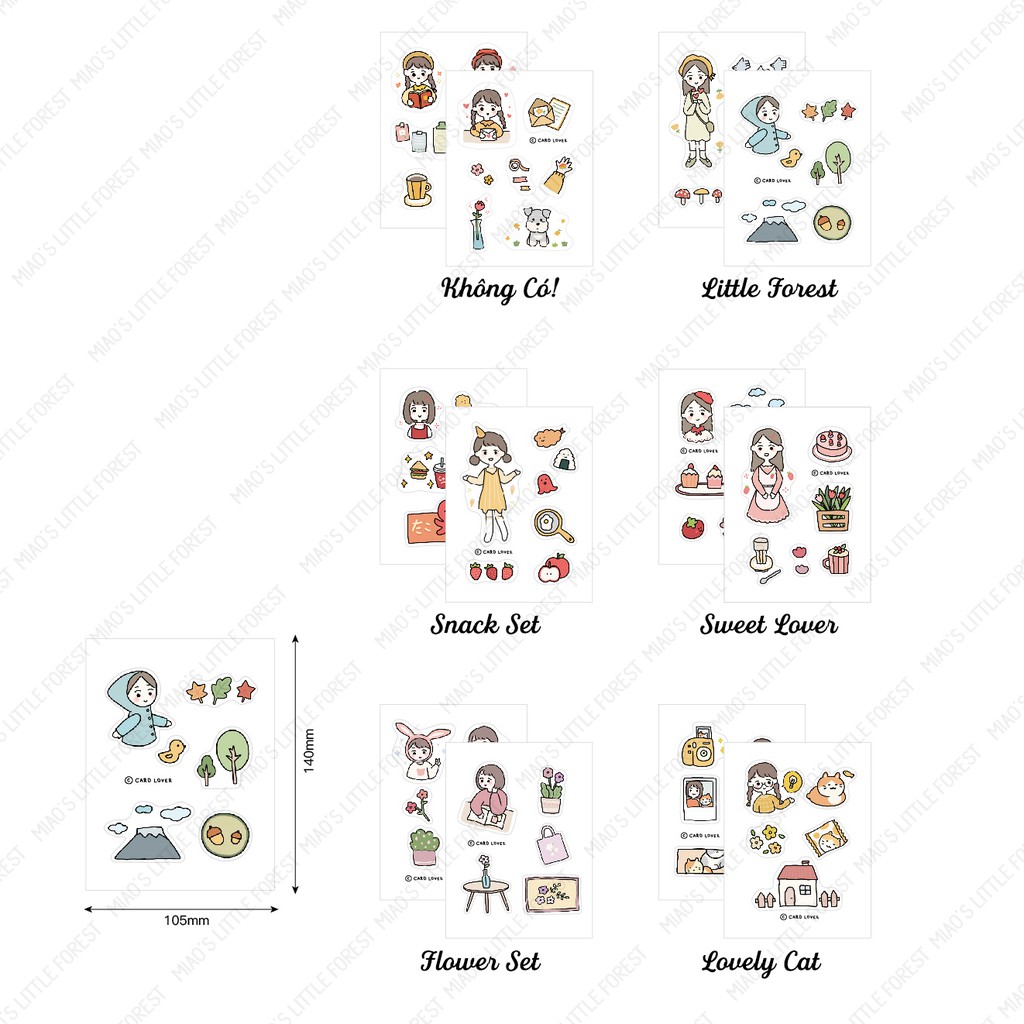 Sticker hoạt hình MIAO'S LITTLE FOREST set 2 tấm sticker nền trong Cute Character trang trí sổ tay bullet journal MST237