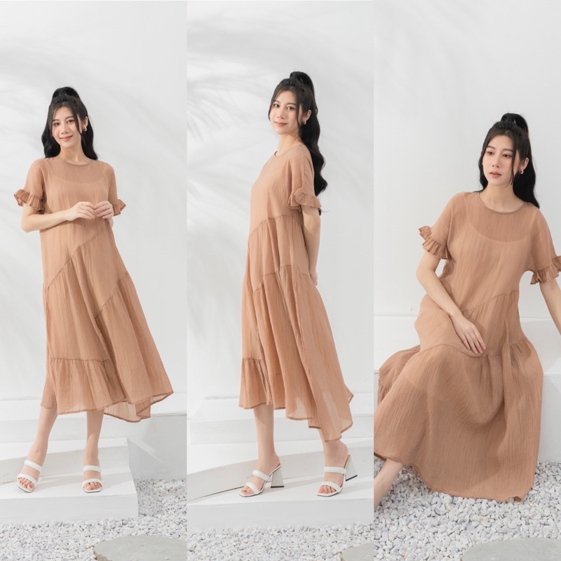 Đầm Dập Ly Vải Tơ Nhẹ Mát Phom Suông Rộng Thiết kế 3 Tầng Xéo Nhau Cực Xinh