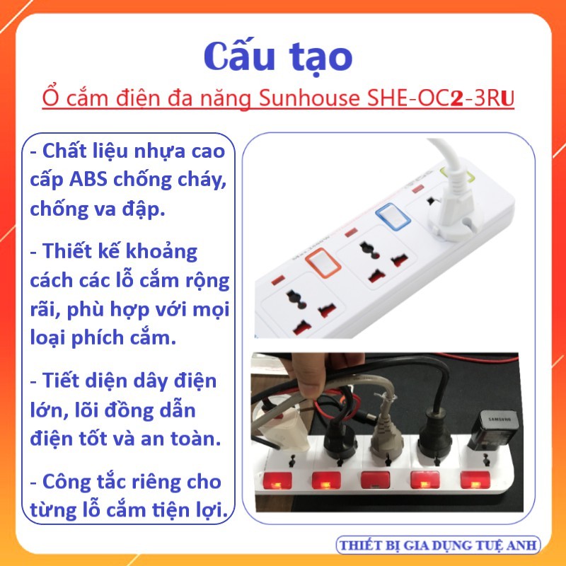 Ổ cắm điện đa năng có cổng USB- Model: SHE-OC2-3RU [Chính hãng Sunhouse]