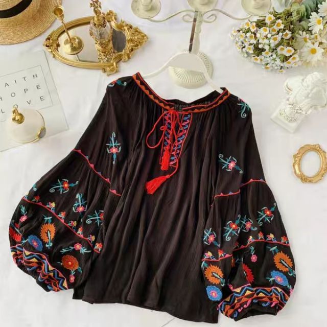 Áo sơ mi tay thêu Vintage, phong cách boho họa tiết thổ cẩm -HÀNG SẴN