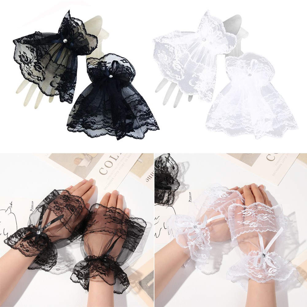 JUNE Womens Sunscreen Gloves Halloween Gothic Wrist Cuffs Fingerless Gloves Party Lace Bowknot|Bracelets/Multicolor