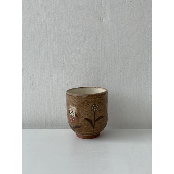 Ly gốm Nhật men mộc nhám họa tiết con cú - 7,5x6,5x4cm