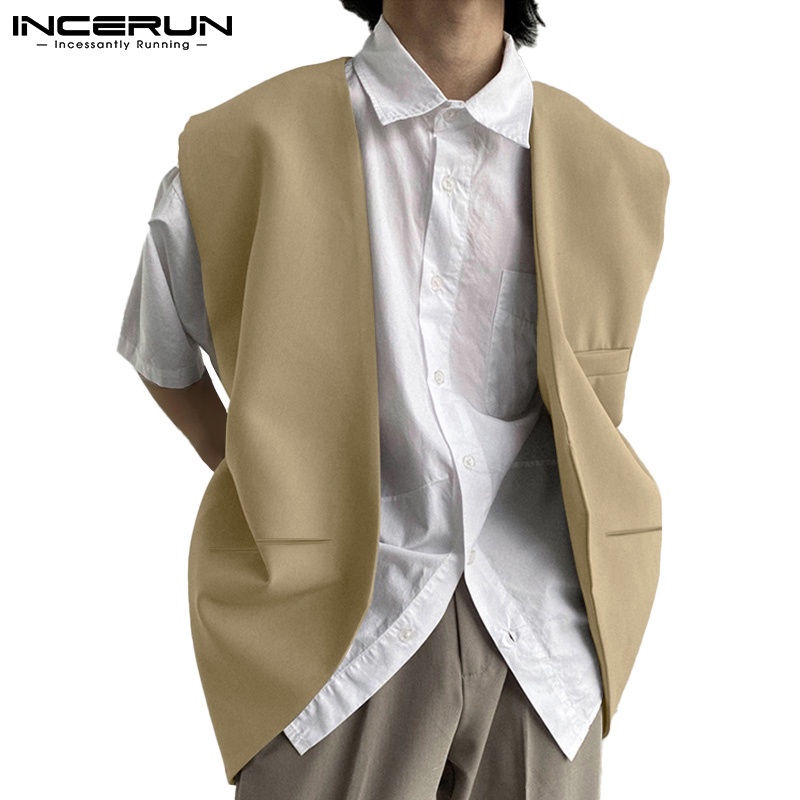 Áo gile INCERUN không tay cổ chữ V dáng rộng 3 màu tùy chọn phong cách thời trang retro dành cho nam