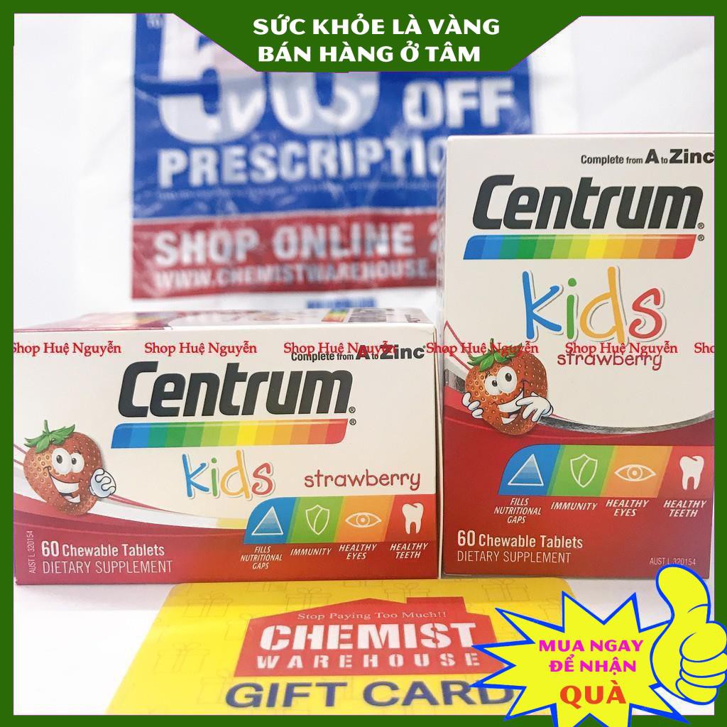 Viên nhai Centrum Kids Strawberry 60 viên, vitamin tổng hợp giúp bé đủ chất, ăn ngon và tăng sức đề kháng