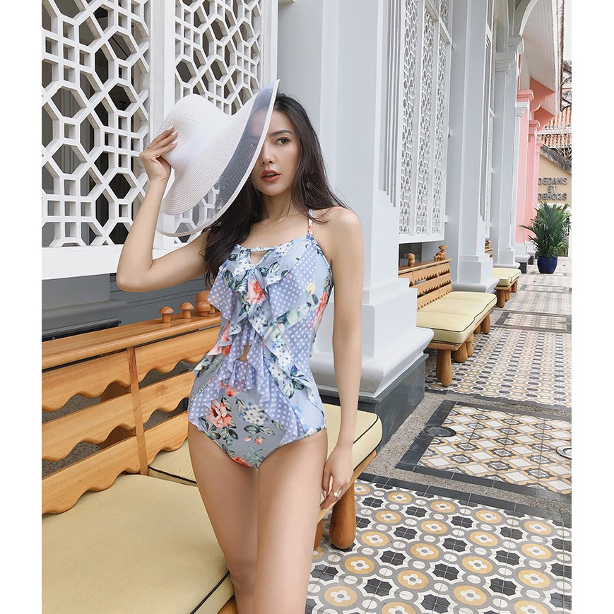 Bikini đồ bơi liền che bụng cao cấp họa tiết phối bèo