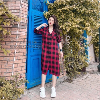 Váy sơmi kẻ (vạt ngang vạt bầu ảnh thật)