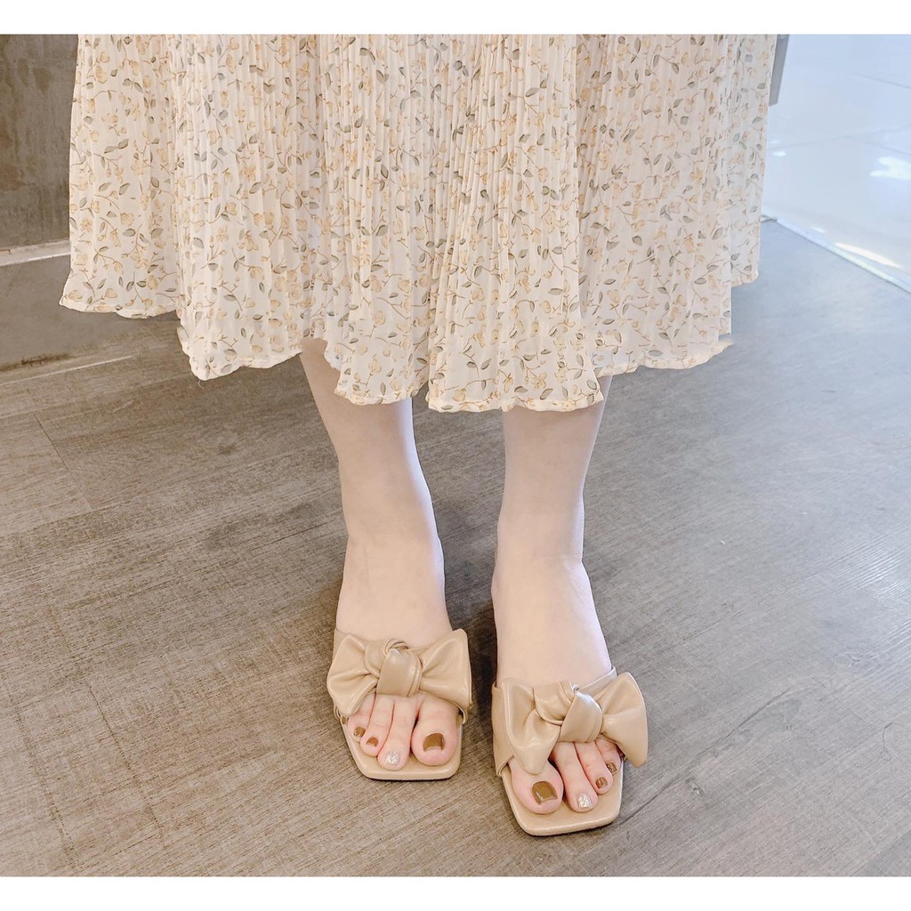 Guốc nữ Cao Gót vuông 3cm mũi hở-Dép cao gót quai ngang thắt nơ phồng to mã GNP MINHTUYETSHOES