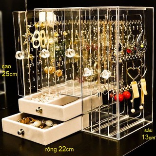 [Mica trong suốt, loại đẹp ]Hộp treo khuyên tai 5 cánh + ngăn kéo đựng trang sức 2 ngăn