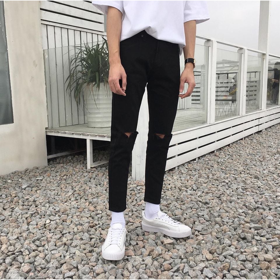 Quần Jean Skinny Nam màu Đen Rách To Chữ T Ngang Gối Chất Bò Co Giãn Nhẹ mẫu 99861T