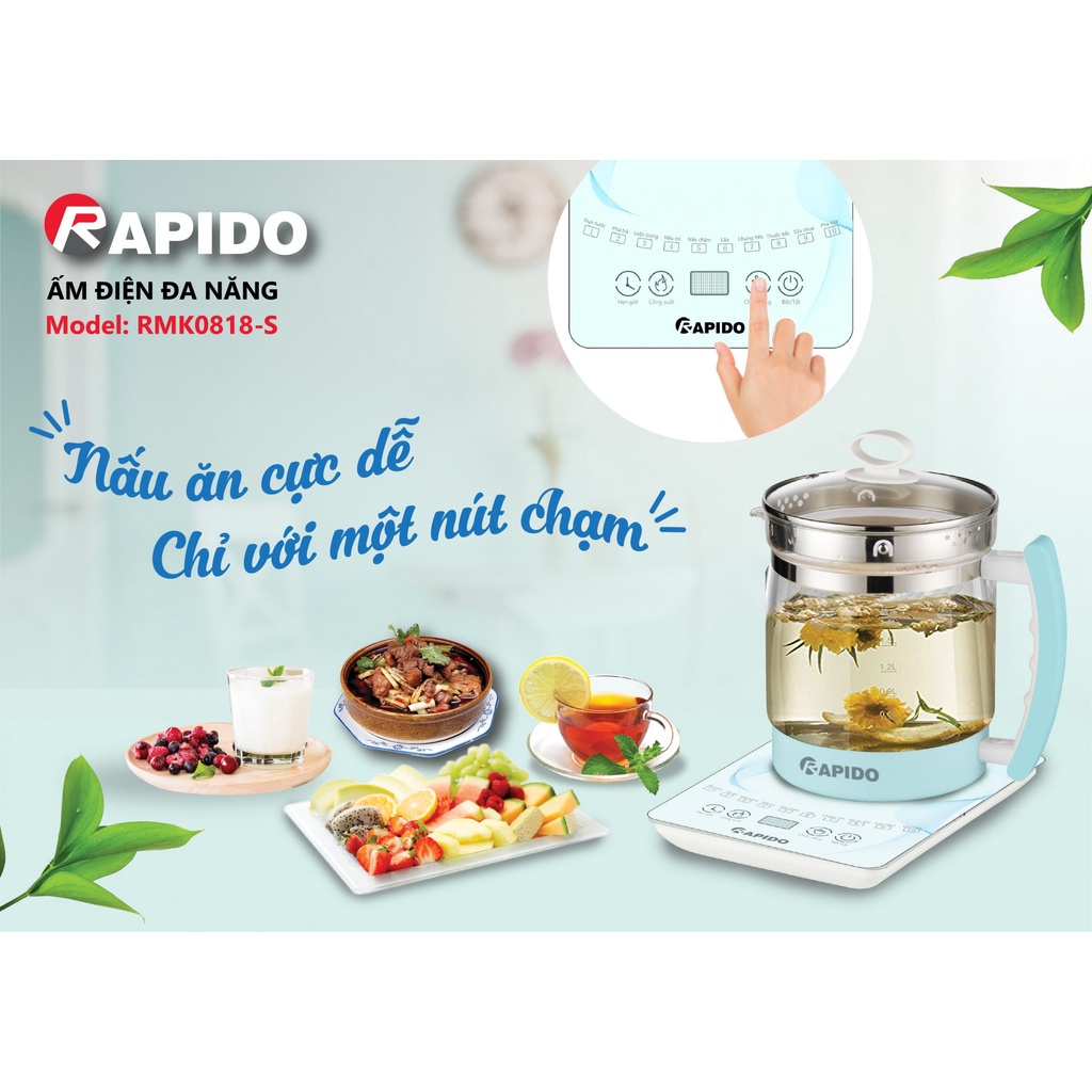 Ấm điện thuỷ tinh đa năng Rapido RMK0818-S2 dùng để chưng yến, đun sữa, pha trà