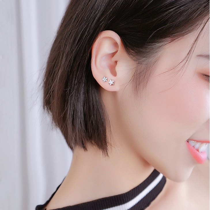 Bông tai titan nữ đính đá mặt ngôi sao 3 mm 4 mm 5 mm lấp lánh (giá 1 chiếc)