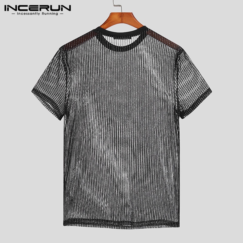 INCERUN Áo Thun Nam Ngắn Tay Họa Tiết Sọc Ngang