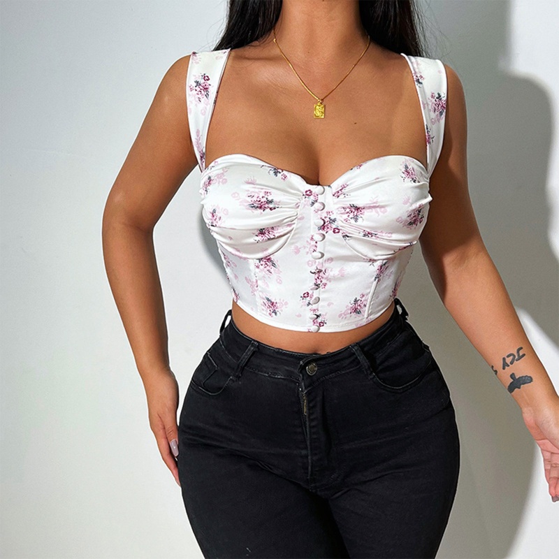 Brroa Áo Croptop Không Tay Cổ Vuông Bằng Satin In Họa Tiết Hoa Có Đệm Nâng Ngực Cổ Điển Có Nút Gợi Cảm