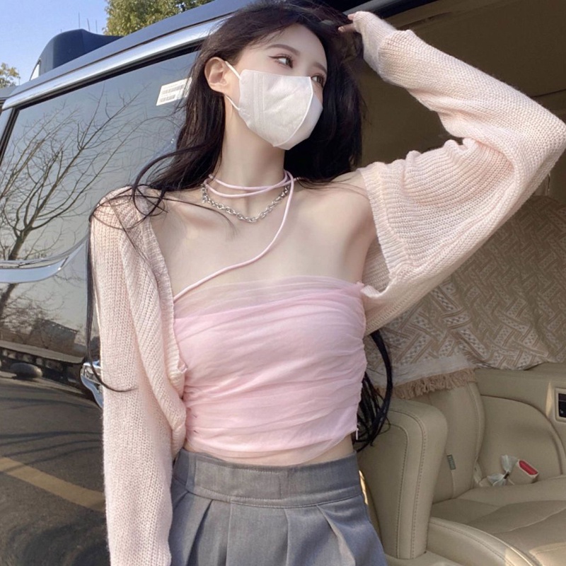 Áo Croptop Dệt Kim Mỏng Mềm Phối Lưới Thời Trang Mùa Hè Quyến Rũ Cho Nữ