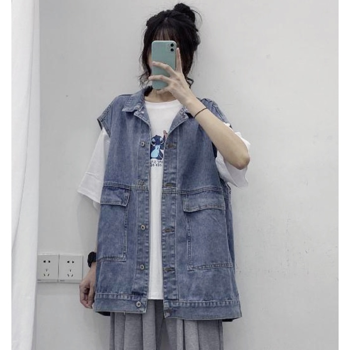 Áo Jeans Gile Denim Unisex Form rộng phong cách Hàn Quốc xanh bạc