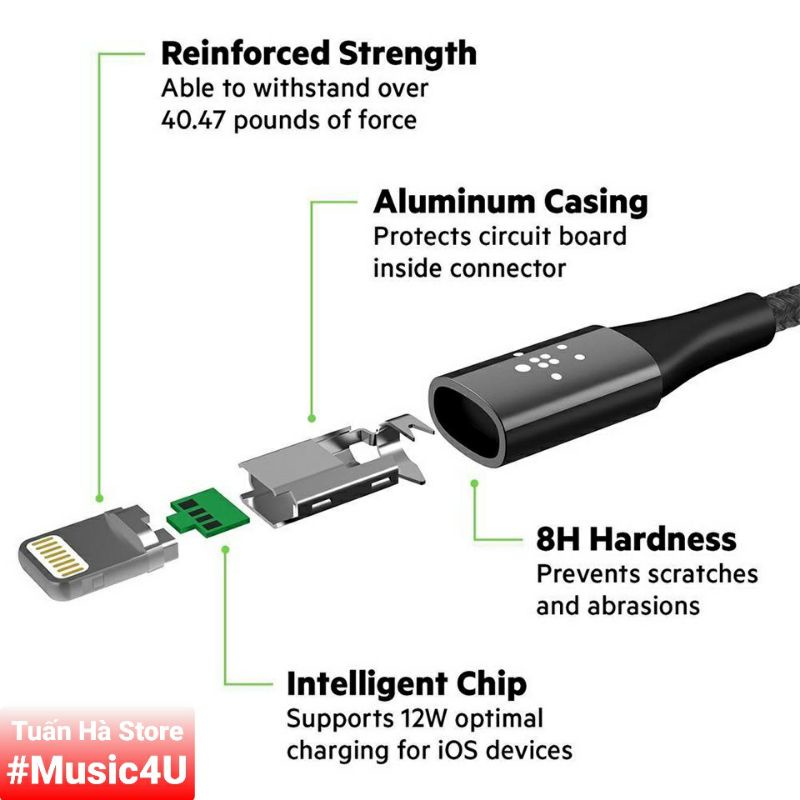 Dây cáp sạc nhanh USB Lightning Belkin Mixit DuraTek cao cấp Kevlar Iphone 7 8 X 11 12 Pro Max Tuấn Hà Store