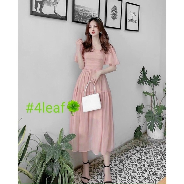 Đầm tiểu thư nữ cổ vuông xếp ly ngực sang chảnh, maxi đi biển dáng xoè tay phồng xinh xắn