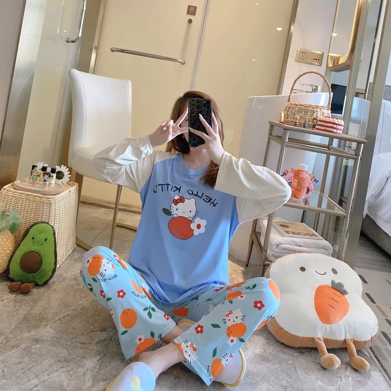 [Sẵn] Đồ bộ thun tay dài Quảng Châu, pijama quần dài, đồ mặc ở nhà họa tiết hoạt hình dễ thương