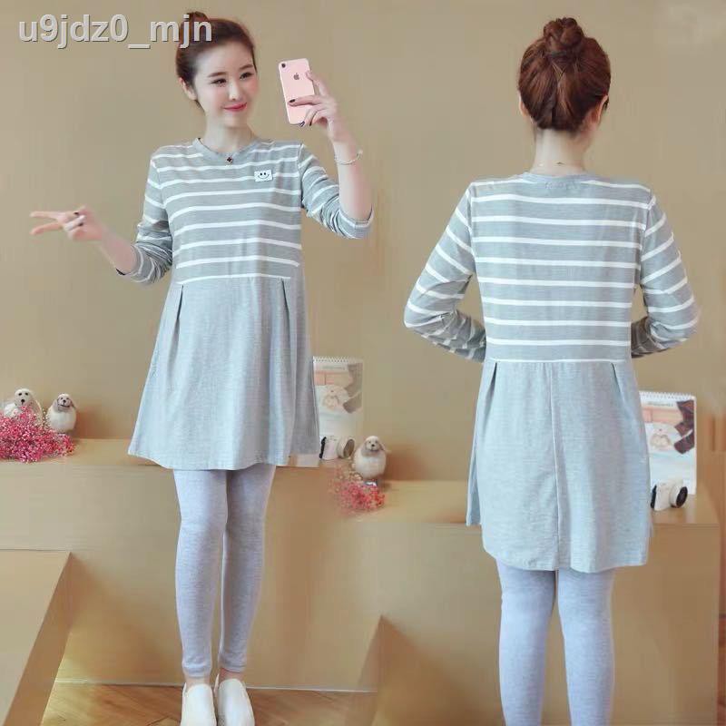 Maternity dress autumn and winter fashion Korean version of long-sleeved plus velvet thick mid-length striped skirt two- | BigBuy360 - bigbuy360.vn