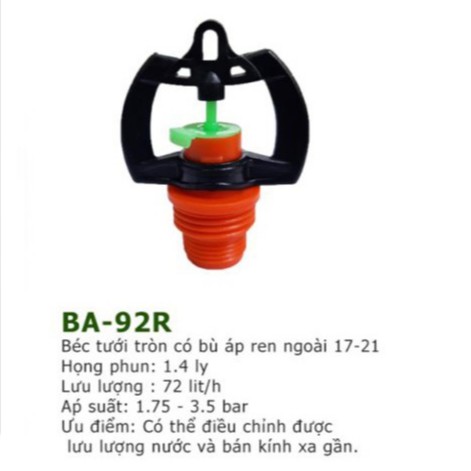 Béc tưới tròn có bù áp ren ngoài 17-21 (BA-92R), 72L/H, Bán kính 0-3,5m