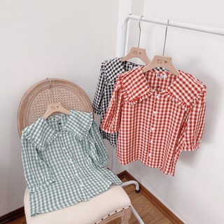 Áo sơ mi kẻ đỏ cổ bèo tay lỡ nữ siêu hot sm43