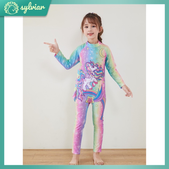 Bộ Đồ Bơi 2 Mảnh Tay Dài Chống Nắng In Họa Tiết Hoạt Hình Cho Bé Gái