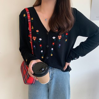 Áo Khoác Cardigan Nữ Cổ Chữ V Thêu Hoa Phong Cách Hàn Quốc