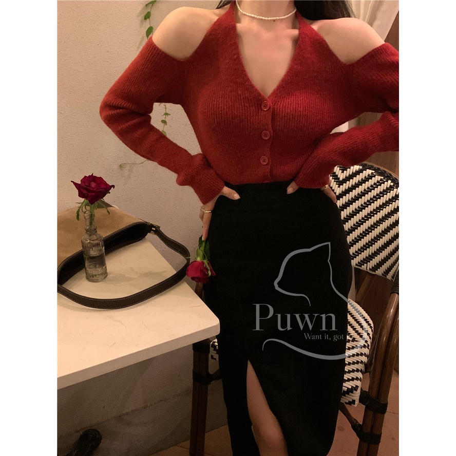 Áo len Tết xẻ vai cổ tim cuốn hút, sexy Giáng sinh Noel Puwn Shop