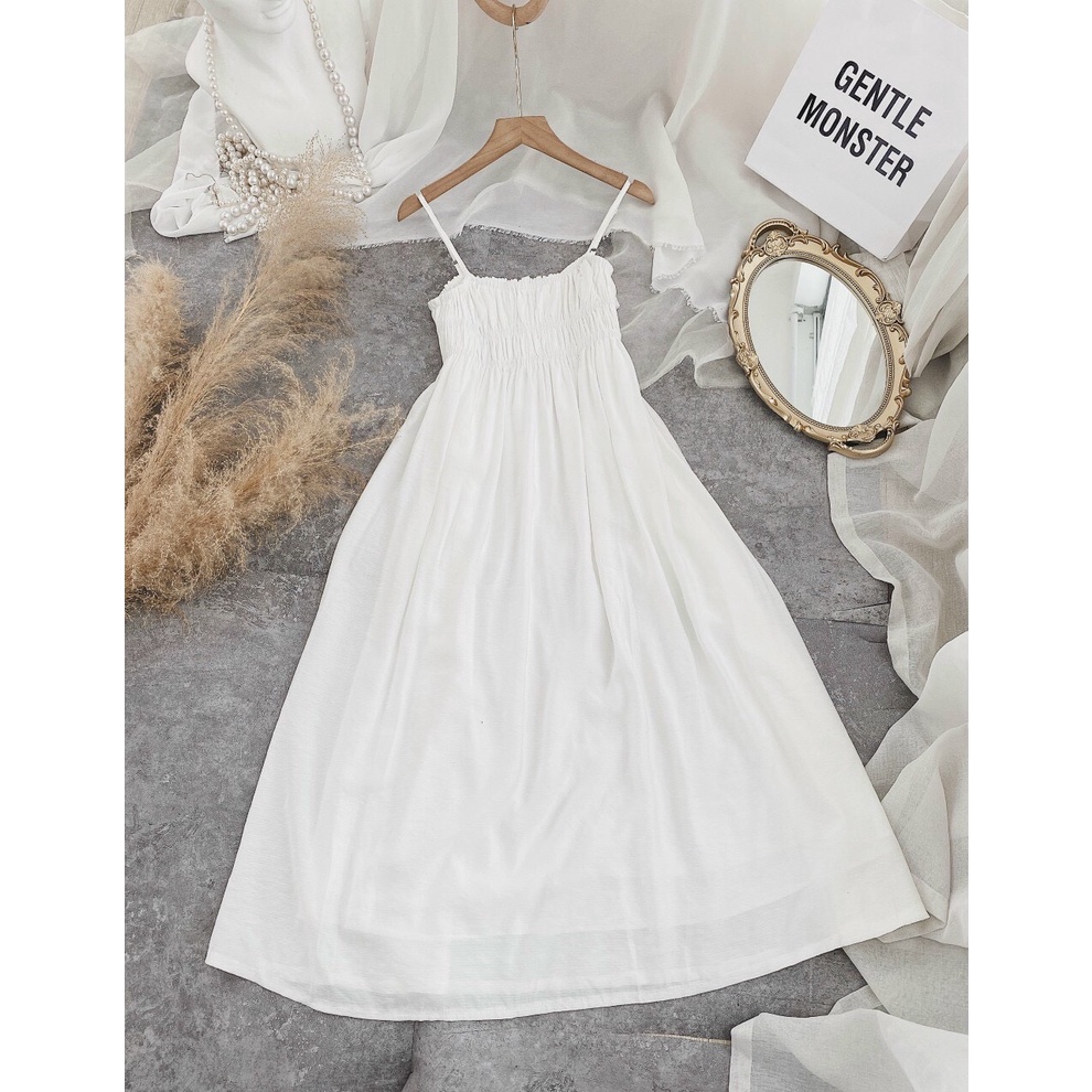 Đầm maxi 2dây trắng nhún ngực KÈM ẢNH THẬT BAO KIỂM