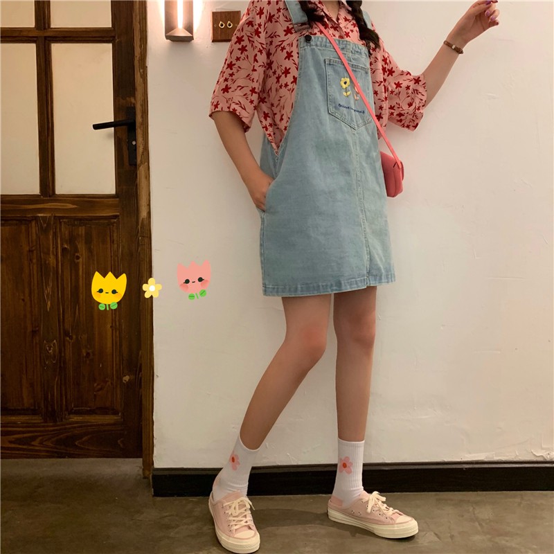 Đầm yếm Xiaozhainv chất denim form rộng họa tiết thêu trẻ trung cho nữ | BigBuy360 - bigbuy360.vn
