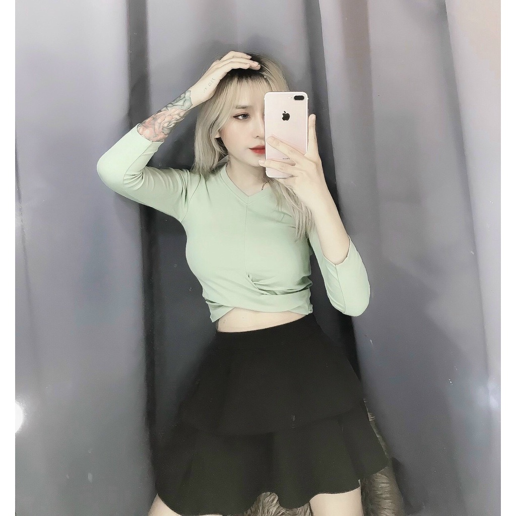 Áo kiểu croptop tay lỡ xoắn eo trơn cực xinh , chất thun bozip mềm mịn ( ảnh thật )
