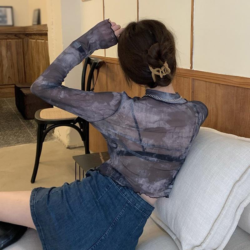 Áo Thun Croptop Tay Dài Chống Nắng In Họa Tiết Thời Trang Mùa Hè Hàn Quốc Cho Nữ