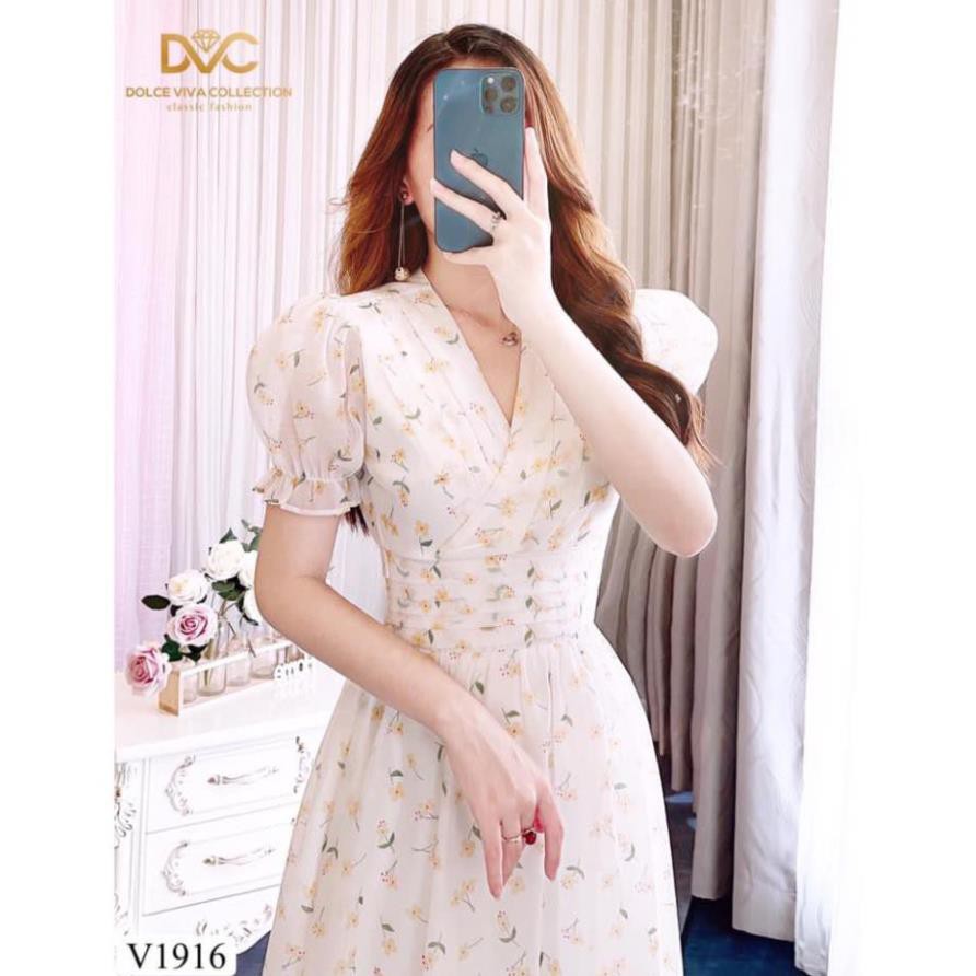 váy hoa nhí cổ V dập ly V1916 - Đẹp Shop DVC