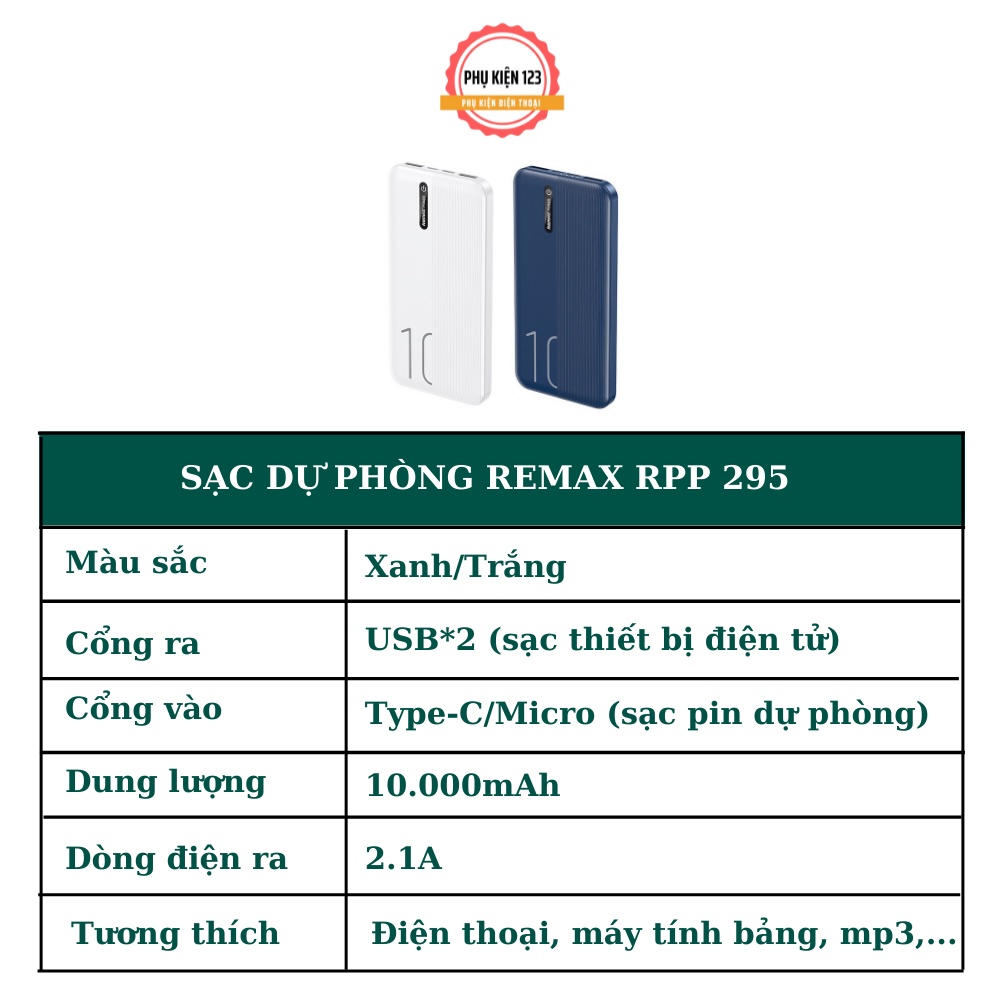 Sạc dự phòng Remax PRR 295 dung lượng 10000mah thiết kế nhỏ gọn màu sắc tinh tế tích hợp điện-Phụ Kiện 123