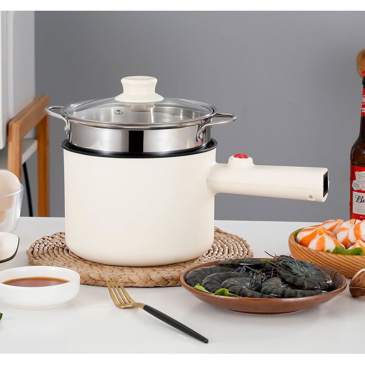 Nồi Lẩu Mini 2 Nấc Nhiệt TEFON Tay Cầm Dài 18cm, Chống Dính Vân Đá, Kèm Giá Hấp - Ca Nấu Mì, Lẩu, Chiên Sào, Hấp Đa Năng