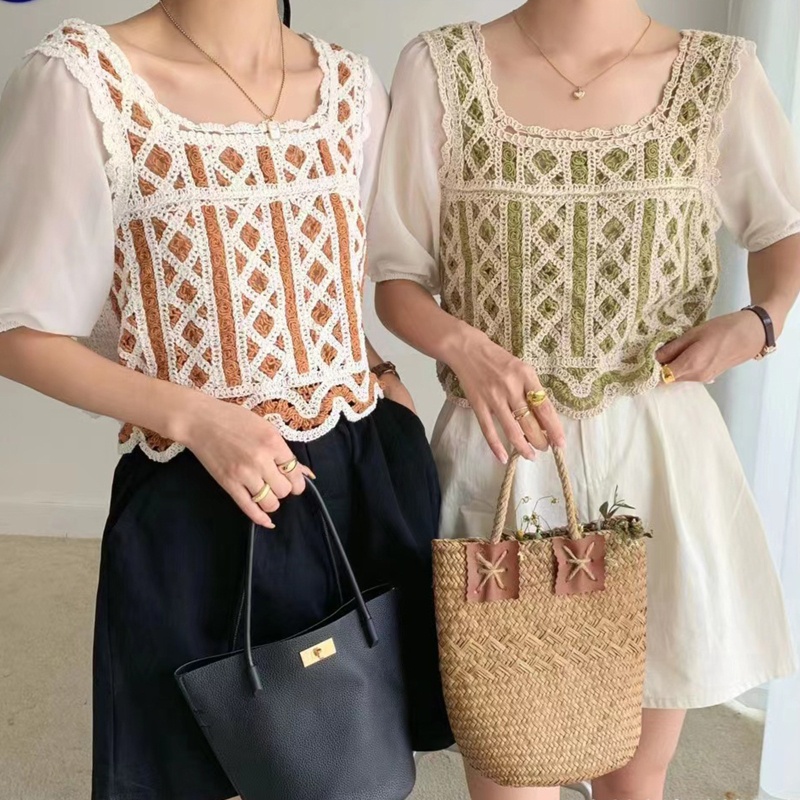 Brroa Áo Croptop Dệt Kim Chiffon Tay Lửng Cổ Vuông Phối Màu Tương Phản Kiểu Pháp Cho Nữ