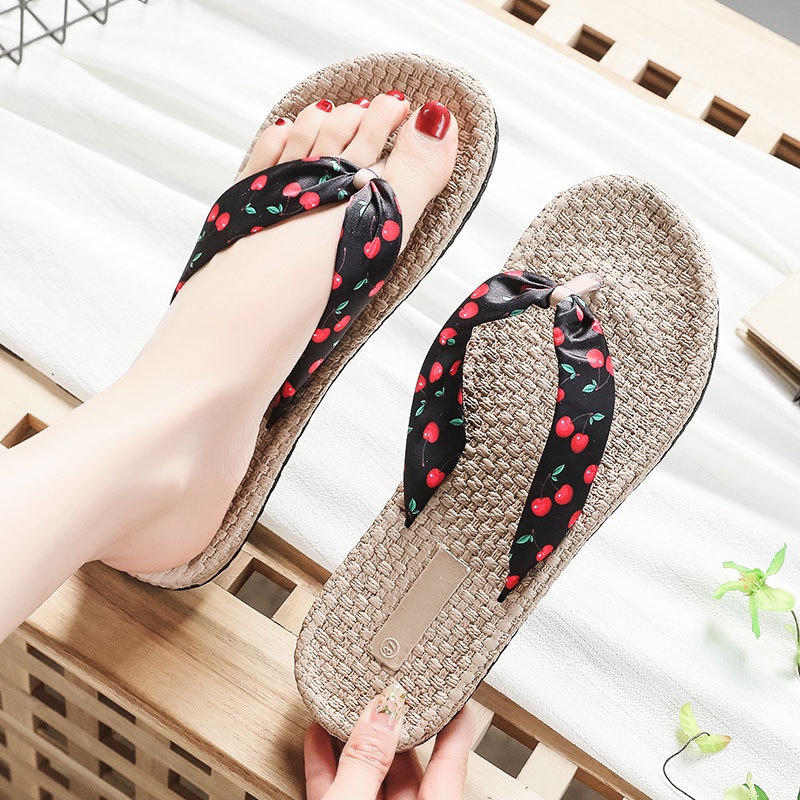 Dép xỏ ngón IELGY đế cao su dây gai dầu họa tiết cherry