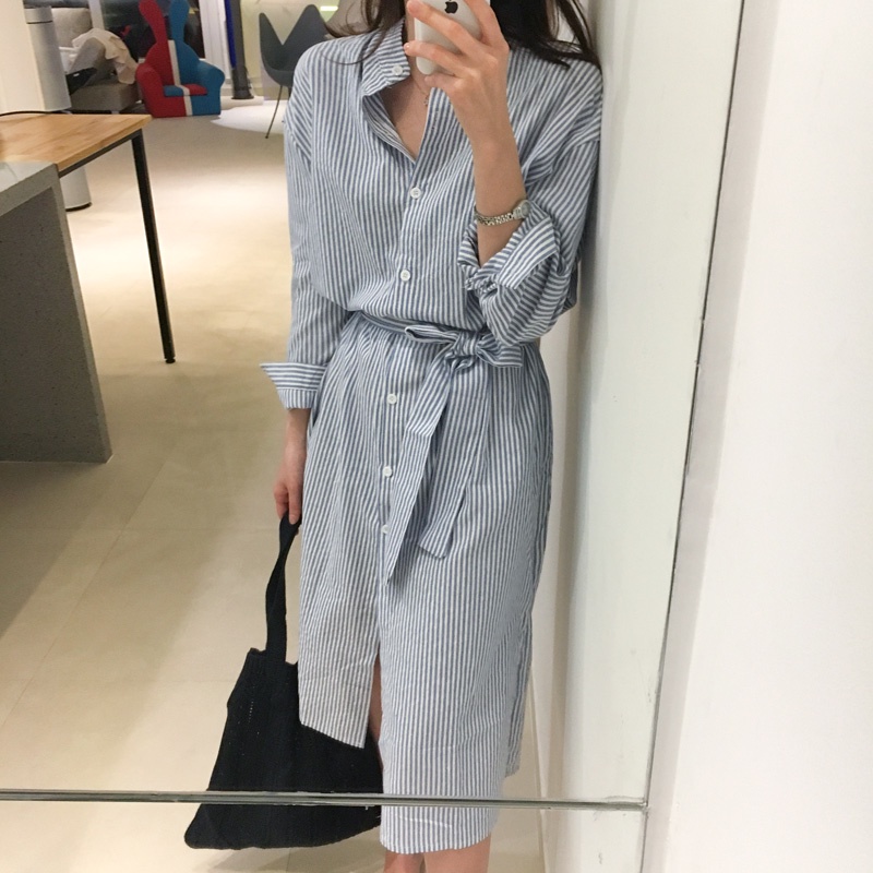Váy sơ mi cổ bẻ cài dọc khuy, kèm đai thắt eo style công sở Hàn Quốc thanh lịch