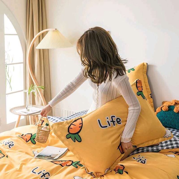 Bộ chăn ga gối drap giường chất cotton poly họa tiết cà rốt Life