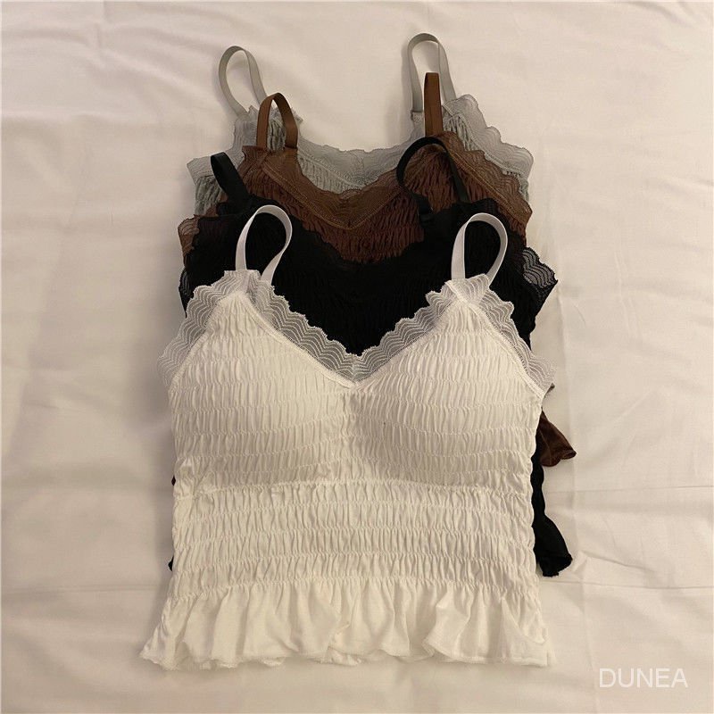 DUNEA Áo Hai Dây Xếp Ly Phối Ren Xinh Xắn Cho Nữ